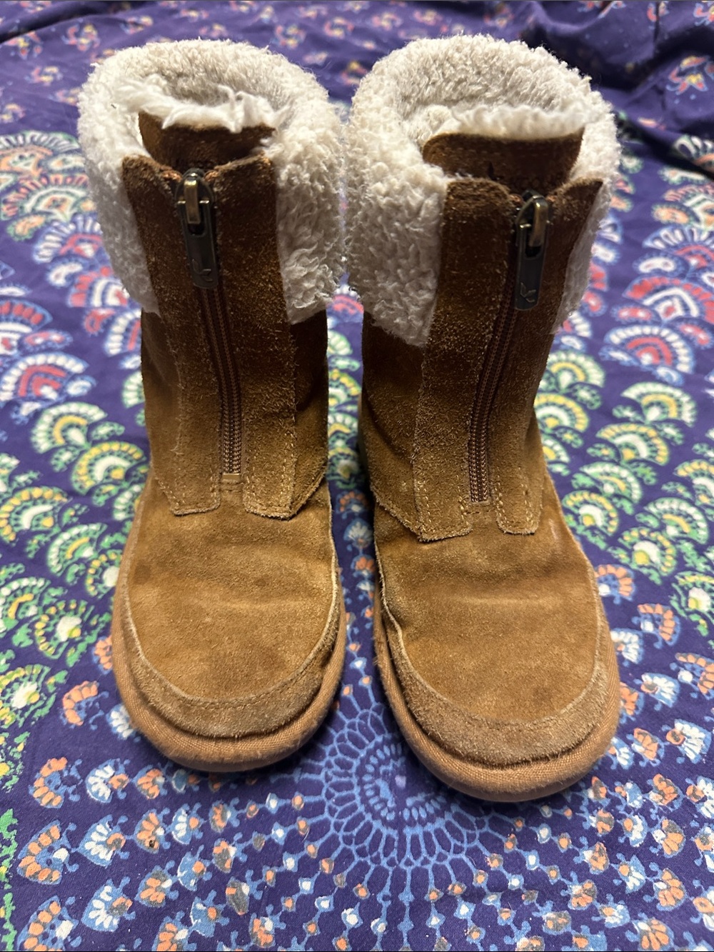 Koolaburra Brown Suede Kids Zip-Front Shearling Cuff Boots
